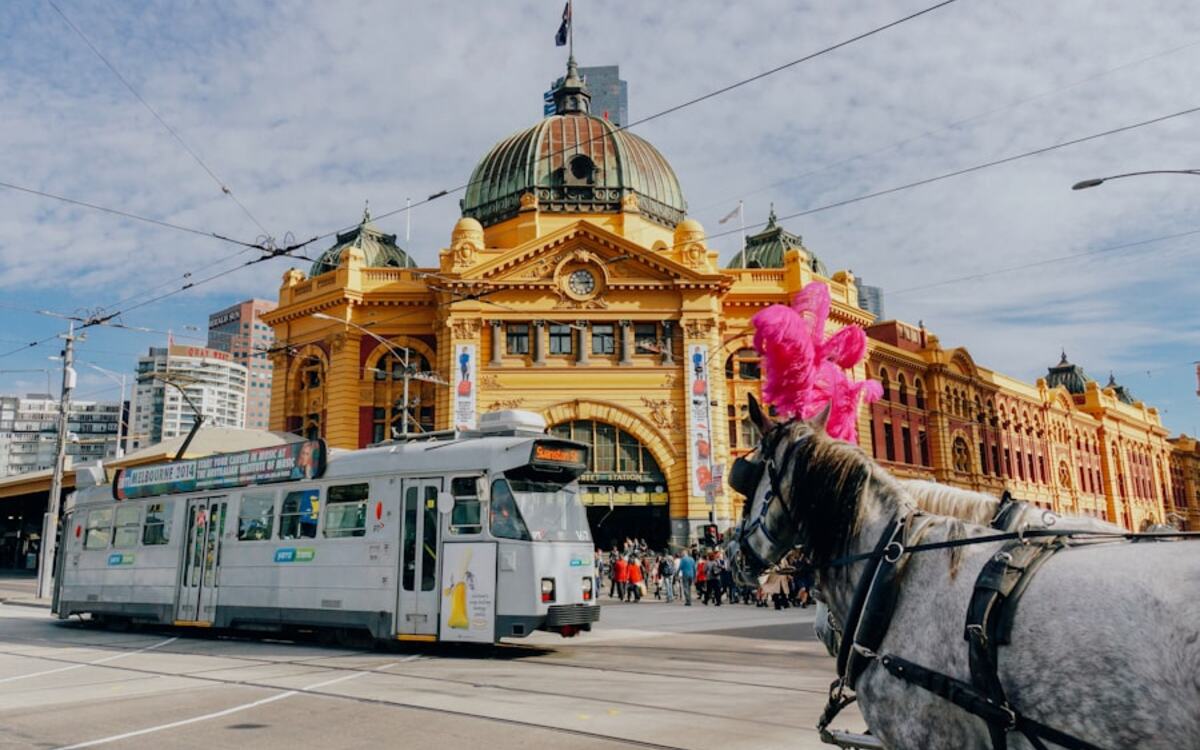 Flinders Street Station and a tram in central Melbourne
