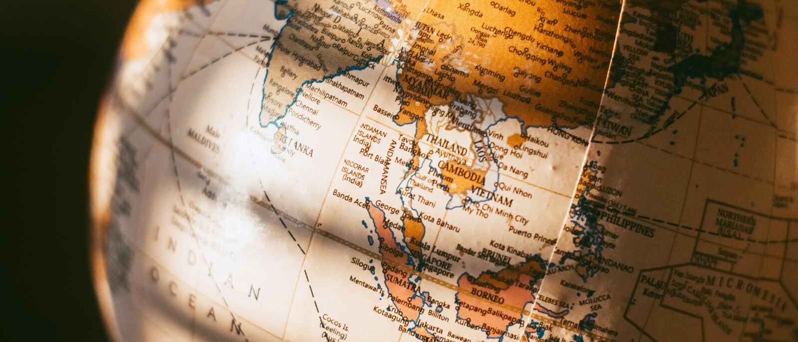 Close-up of a world globe showing Asia and the Pacific